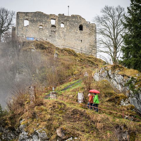Burgruine Falkenstein im Winter Zwei Wanderer steigen im Winter zur Burgruine Falkenstein auf