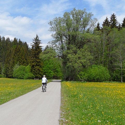 Radweg "Wertach erleben" in Nesselwang Fahrradfahrer auf dem Radweg von "Wertach erleben" in Nesselwang im Landkreis Ostallgäu