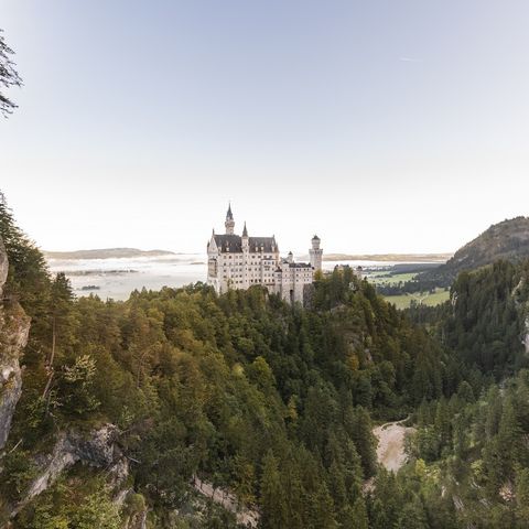 Schloss Neuschwanstein Blick vorbei an den Felsen zum weltberühmten Schloss Neuschwanstein bei Schwangau im Ostallgäu.