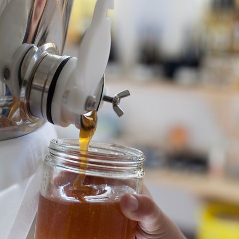 Frisch geschleuderter Honig aus dem Honigdorf Seeg Frisch geschleuderter Honig aus dem Honigdorf Seeg im Ostallgäu läuft aus der Honigschleuder in ein Glas.